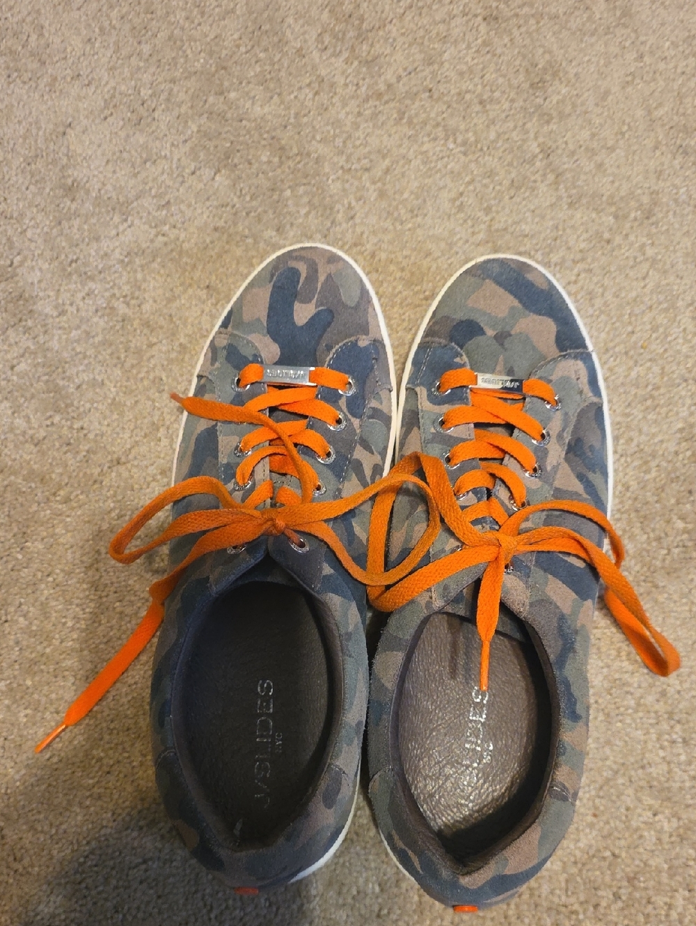 J Slides Women's Camo Sneakers with Orange Laces